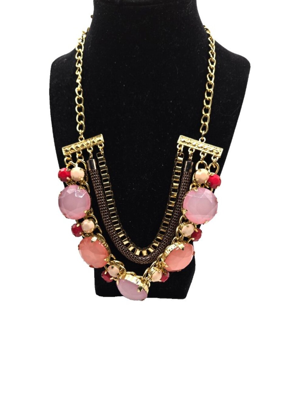 Bold Pink Coral Statement Bib Necklace Gold Tone Prong Set Faceted Stones Glam R